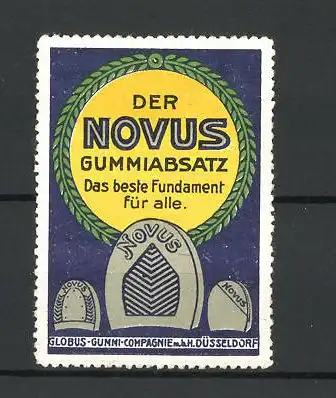 Reklamemarke Novus Gummiabsatz, Globus Gummi-Compagnie Düsseldorf, verschiedene Schuhabsätze