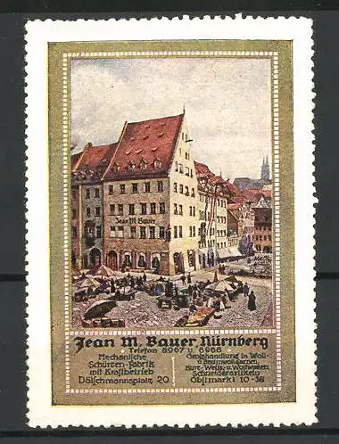 Reklamemarke Grosshandlung von Jean M. Bauer, Nürnberg, Geschäftshaus am Marktplatz