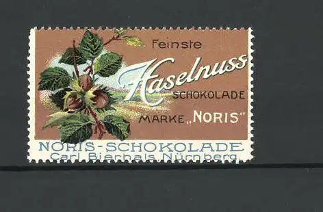 Reklamemarke Noris Schokolade feinste Haselnuss, Carl Bierhals Nürnberg, Haselnusszweig