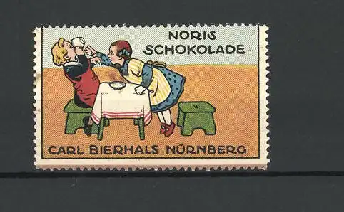 Reklamemarke Noris Schokolade, Carl Bierhals Nürnberg, zwei Kinder streiten sich um Kakao