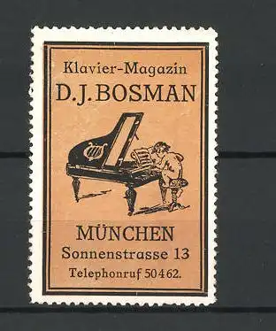 Reklamemarke Klavier-Magazin D. J. Bosman, Sonnenstrasse 13, Müchen, nackter Bube spielt am Klavier