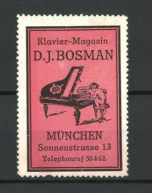 Reklamemarke Klavier-Magazin D. J. Bosman, Sonnenstrasse 13, Müchen, nackter Bube spielt am Klavier