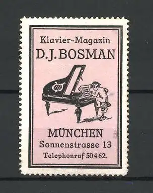 Reklamemarke Klavier-Magazin D. J. Bosman, Sonnenstrasse 13, Müchen, nackter Bube spielt am Klavier