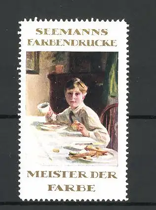 Reklamemarke Seemann's Farbendrucke, Knabe mit Tasse und Gebäck am Tisch sitzend