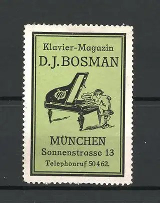 Reklamemarke Klavier-Magazin D. J. Bosman, Sonnenstrasse 13, München, nackter Bube spielt Klavier