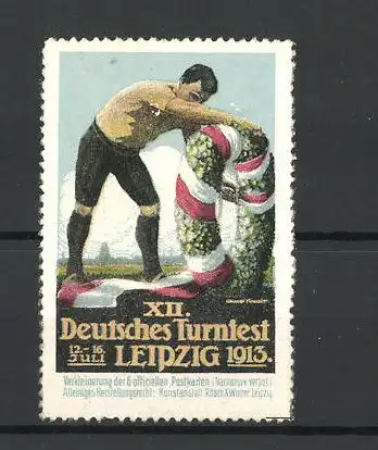 Reklamemarke Leipzig, XII. Deutsches Turnfest 1913, Sportler mit Siegerkranz