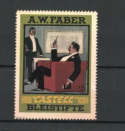 Künstler-Reklamemarke Castell Bleistifte, A. W. Faber, zwei Herren im Firmengespräch