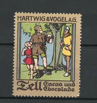 Reklamemarke Tell Schokolade, Hartwig & Vogel AG., München, Tell & Sohn treffen auf einen Ritter
