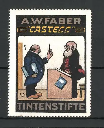 Künstler-Reklamemarke Castell Tintenstifte, A. W. Faber, zwei Professoren im Gespräch über den Stift