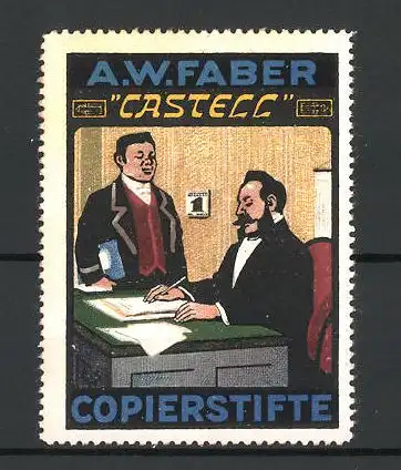 Künstler-Reklamemarke Castell Copierstifte, A. W. Faber, zwei Herren an einem Schreibtisch