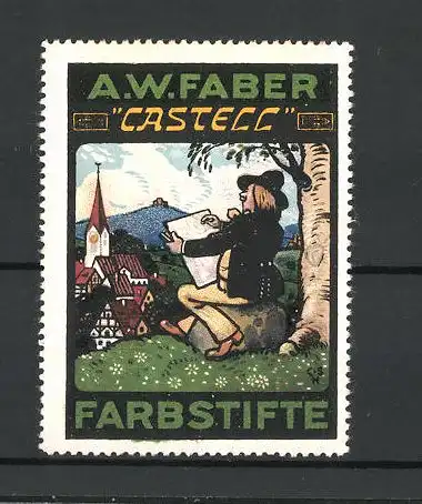 Reklamemarke Castell Farbstifte, A. W. Faber, Maler zeichnet die Stadt vom Stadtrand aus