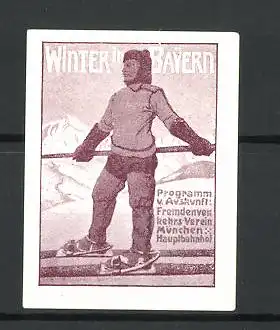 Reklamemarke Winter in Bayern, Fremdenverkehrs-Verein München, Skiläufer macht sich zur Abfahrt bereit