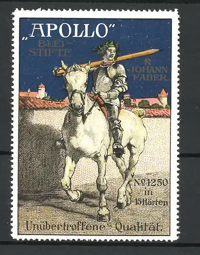 Reklamemarke Apollo Bleistifte, Johann Faber, Ritter mit Bleistift auf einem Pferd reitend