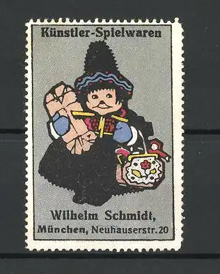 Reklamemarke Künstler-Spielwaren von Wilhelm Schmidt, Neuhauserstr. 20, München, Mädchen mit Spielzeug
