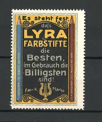 Reklamemarke Lyra Farbstifte sind die Besten, Ansicht eines blauen und brauen Farbstiftes