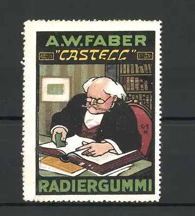 Künstler-Reklamemarke Castell Radiergummi, A. W. Faber, Professor radiert in einem Buch und hält Bleistift im Mund
