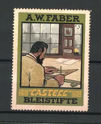 Künstler-Reklamemarke Castell Bleistifte, A. W. Faber, Architekt zeichnet mit Stift und Lineal