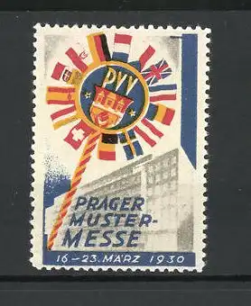 Reklamemarke Prag, Mustermesse 1930, Messelogo mit verschiedenen Länderflaggen