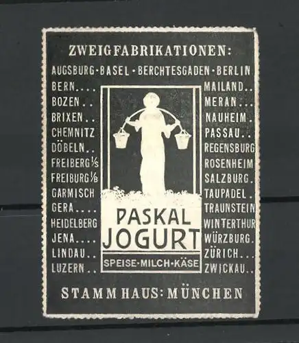 Präge-Reklamemarke Paskal Jogurt, Stammhaus München, Bäuerin mit Tragejoch