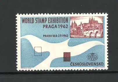 Reklamemarke Praga, World Stamp Exhibition 1962, Stadtansicht, Messelogo Taube