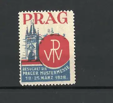 Reklamemarke Prag, Mustermesse 1928, Turmansicht und Messelogo