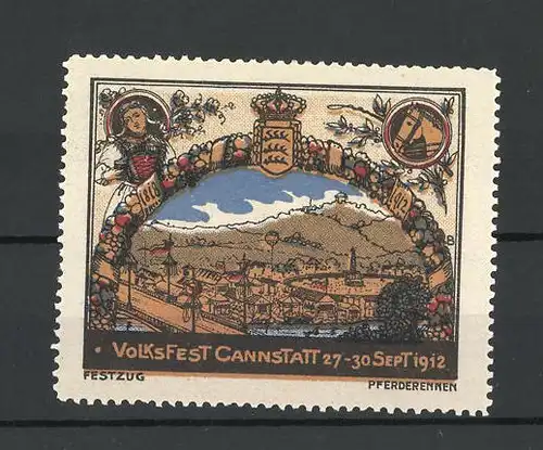 Künstler-Reklamemarke Cannstatt, Volksfest 1912, Festplatz, Wappen, Portraits
