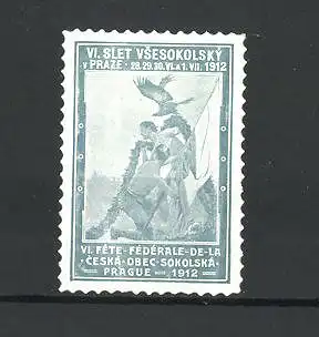 Reklamemarke Praze, VI. Fete Federale de la Ceska Obec Sokolska 1912, Sportler mit Flagge und Adler