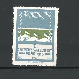 Reklamemarke Prag, Deutsches Wiesenfest 1913, Ansicht des Festplatzes mit Wimpeln und Zelten