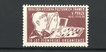 Reklamemarke Praze, Krajska Vystava Postovnich Znamel 1959, Kinder mit einem Briefmarkenalbum