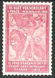 Reklamemarke Praze, VI. Fete Federale de la Ceska Obec Sokolska 1912, Sportler mit Gymnastikband und Löwen