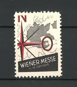 Reklamemarke Wien, Messe 1938, Messelogo Landkarte und Himmelsrichtungen