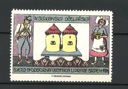 Reklamemarke Praze, IV. Slovansky Ucelarsky Sjezd Vystava 1914, Bauernpaar in Landestracht