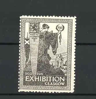 Reklamemarke Glasgow, Scottish Exhibition 1911, Göttin hält Ehrenkranz und blickt auf die Stadt