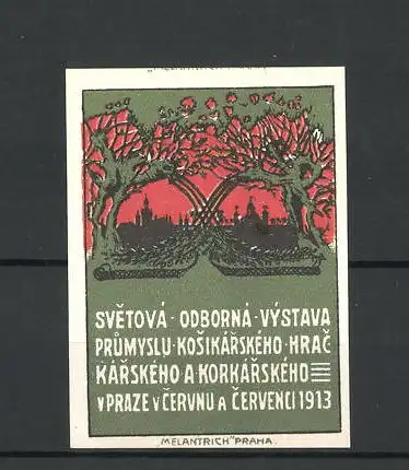 Reklamemarke Praze, Svetova Odborna Vystava 1913, Ürumyslu Kosikarskeho Hrac, Stadtsilhouette