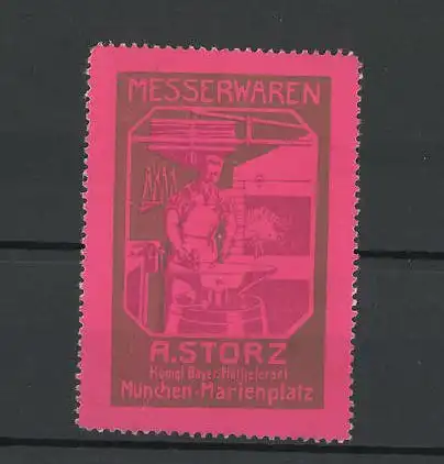 Reklamemarke Messerwaren von A. Storz, Marienplatz, München, Schmied am Amboss