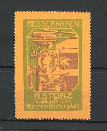 Reklamemarke Messerwaren von A. Storz, Marienplatz, München, Schmied am Amboss