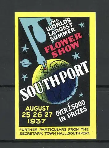Reklamemarke Southport, World largest Summer Flower Show 1937, Figur zeigt auf den Erball