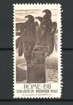 Reklamemarke Rome, Exposition Internationale 1911, Geier sitzen auf einem Gedenkstein