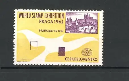 Reklamemarke Praga, World Stamp Exhibition 1962, Stadtansicht mit Flussbrücke