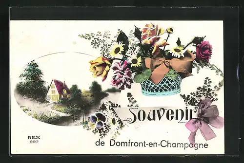 AK Domfront-en-Champagne, Landschaft mit Bauernhaus, Souvenir Blumenkorb mit Blumen