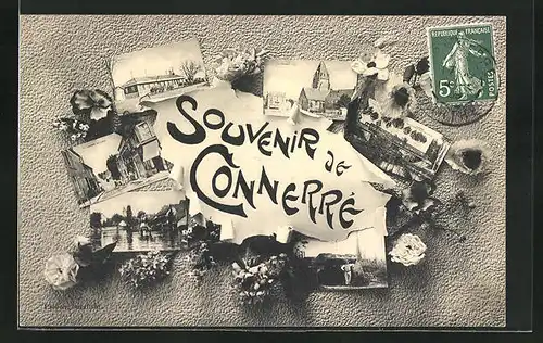 AK Connerré, Souvenirkarte mit 6 geschmückten Ansichten