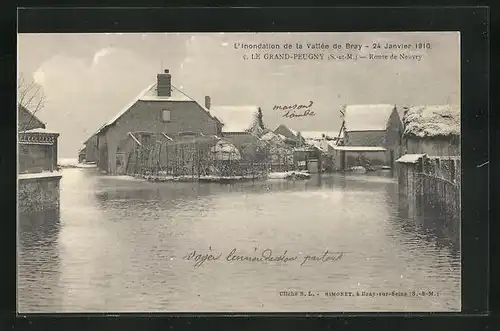 AK Grand-Peugny, Route de Neuvry, L`Inondation de la Vallée de Bray - 24 Janvier 1910