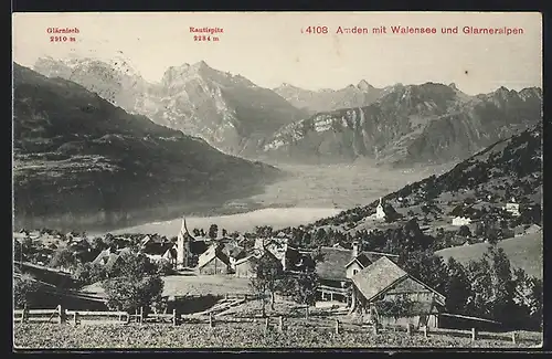 AK Amden, Ortsansicht mit Walensee und Glarneralpen