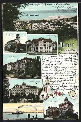 AK Heiden, Hotel Krone, Kurhalle, Freihof, Schulhaus, Bodensee mit Dampfer