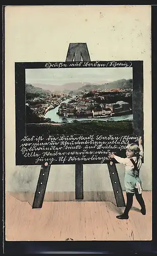 Grusskarten-AK Baden, Ortsansicht auf einer Tafel, davor ein Schüler