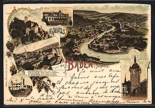 Lithographie Baden, Schartenfels, Casino, Gefängnisthurm, Ortsansicht