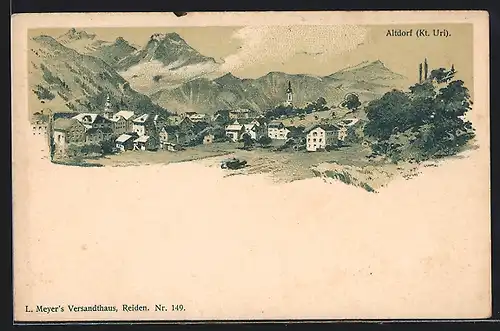 Lithographie Altdorf, Ortsansicht mit Kirche