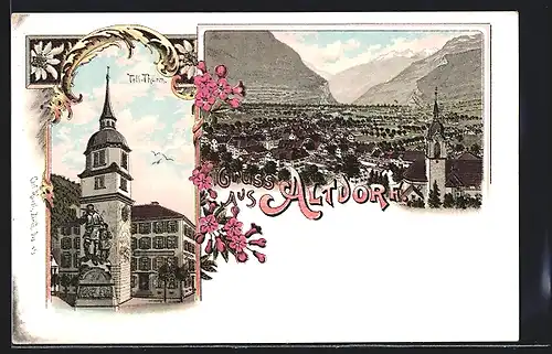 Lithographie Altdorf, Gesamtansicht, Tell-Thurm