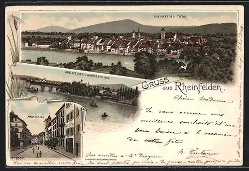 Lithographie Rheinfelden, Blick in die Marktgasse, Ortsansicht v. Warmbach aus