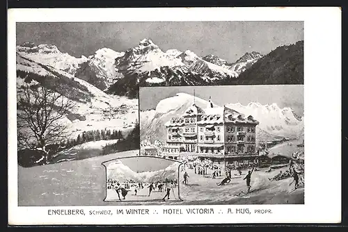 AK Engelberg, Hotel Victoria, Ortspartie im Winter